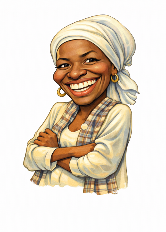Caricatura de Carolina Maria de Jesus, sorrindo com lenço branco na cabeça